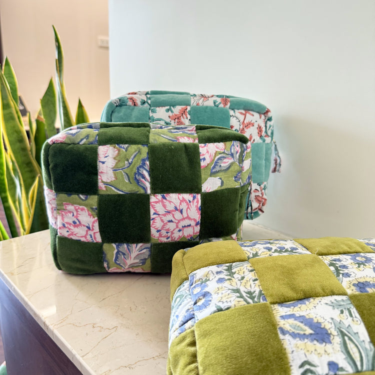 Handmade Quilted Velvet & Block Print Pouch – Travel Makeup Bag | Soft Cosmetic Organizer | 7 Color Options