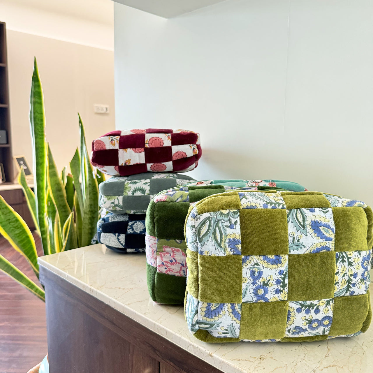 Handmade Quilted Velvet & Block Print Pouch – Travel Makeup Bag | Soft Cosmetic Organizer | 7 Color Options