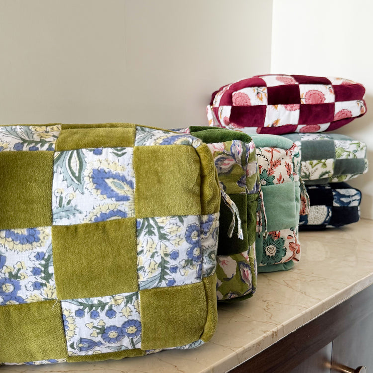 Handmade Quilted Velvet & Block Print Pouch – Travel Makeup Bag | Soft Cosmetic Organizer | 7 Color Options