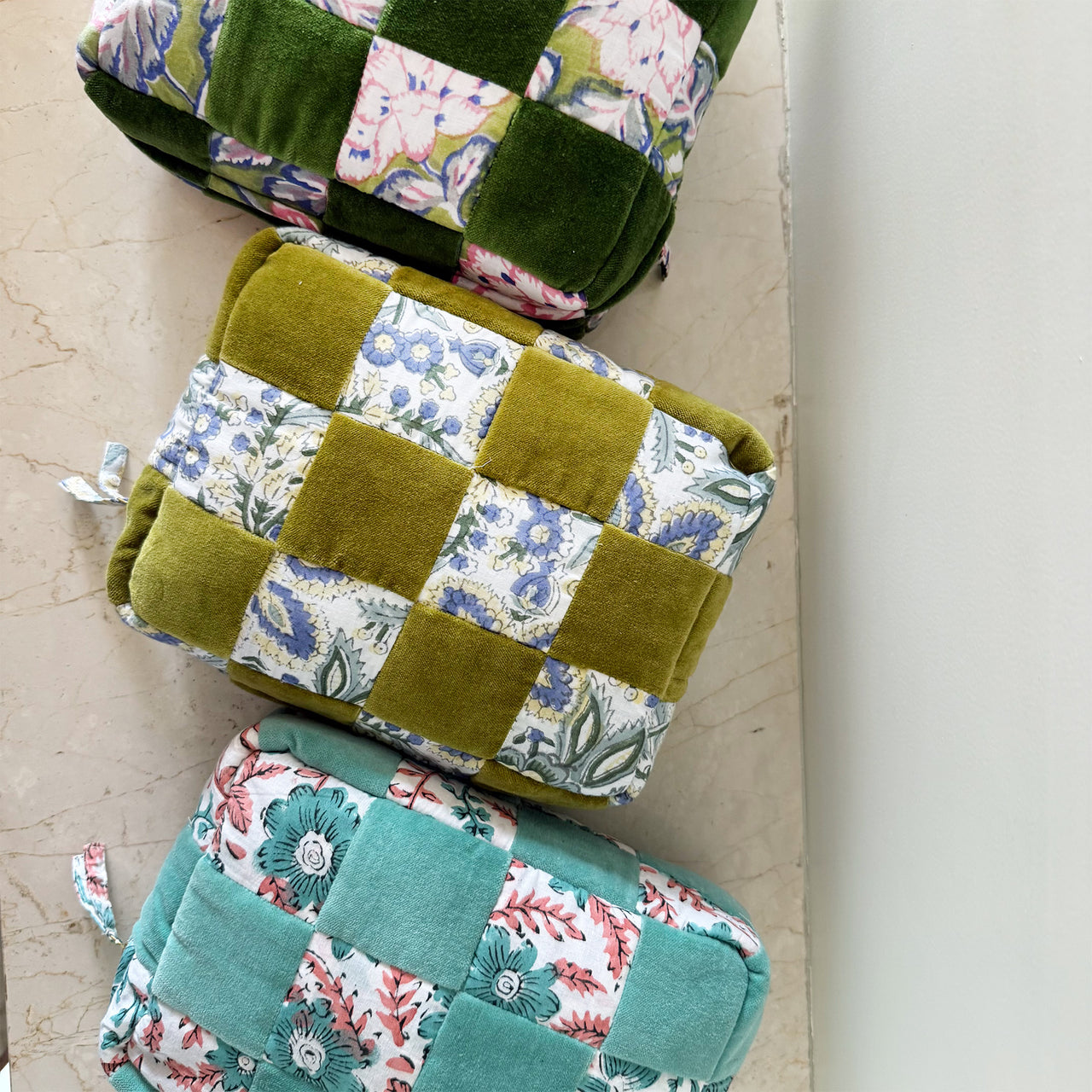 Handmade Quilted Velvet & Block Print Pouch – Travel Makeup Bag | Soft Cosmetic Organizer | 7 Color Options