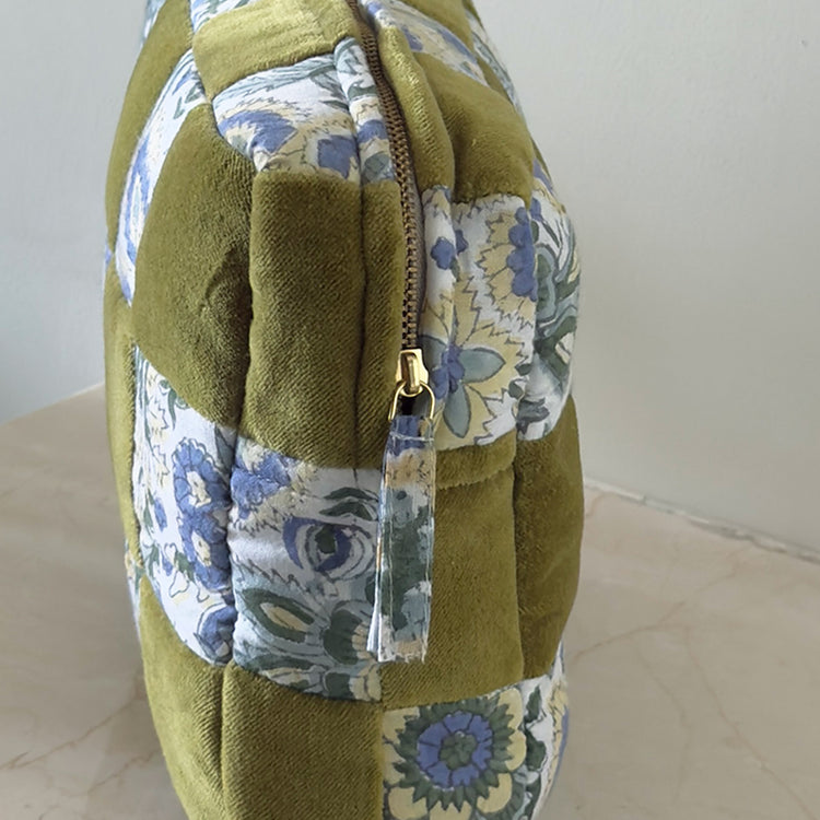 Handmade Quilted Velvet & Block Print Pouch – Travel Makeup Bag | Soft Cosmetic Organizer | 7 Color Options