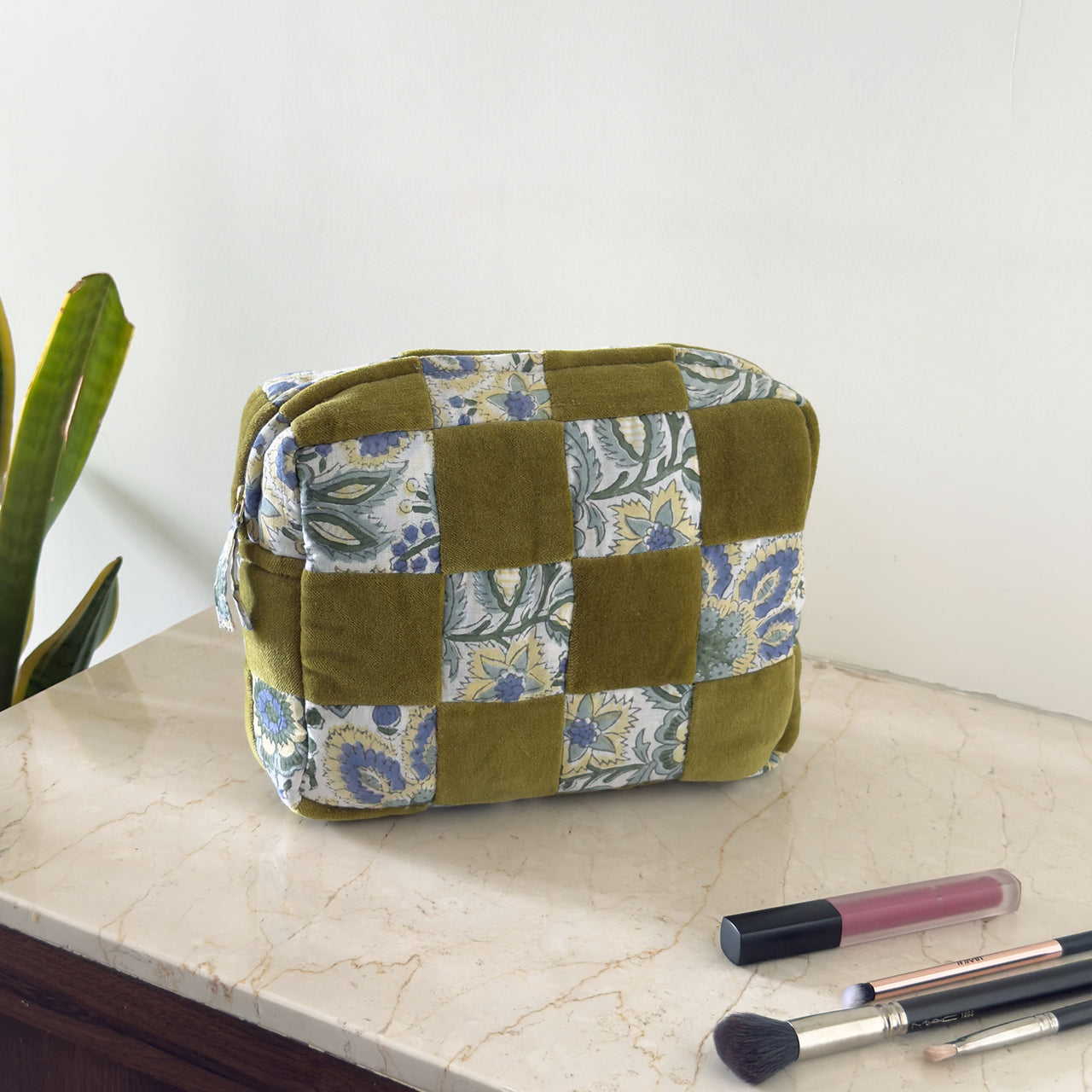 Handmade Quilted Velvet & Block Print Pouch – Travel Makeup Bag | Soft Cosmetic Organizer | 7 Color Options