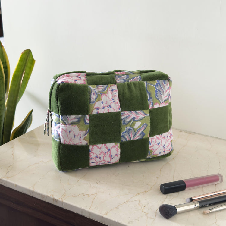 Handmade Quilted Velvet & Block Print Pouch – Travel Makeup Bag | Soft Cosmetic Organizer | 7 Color Options
