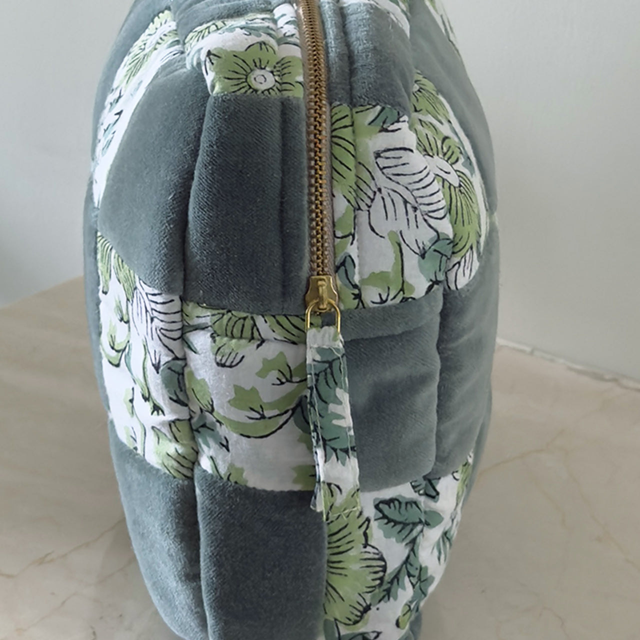 Handmade Quilted Velvet & Block Print Pouch – Travel Makeup Bag | Soft Cosmetic Organizer | 7 Color Options