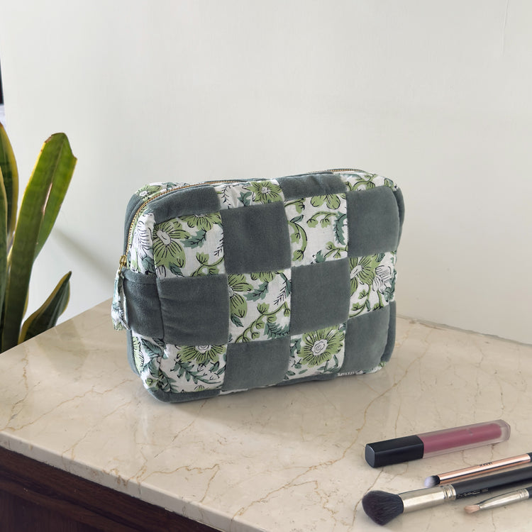 Handmade Quilted Velvet & Block Print Pouch – Travel Makeup Bag | Soft Cosmetic Organizer | 7 Color Options