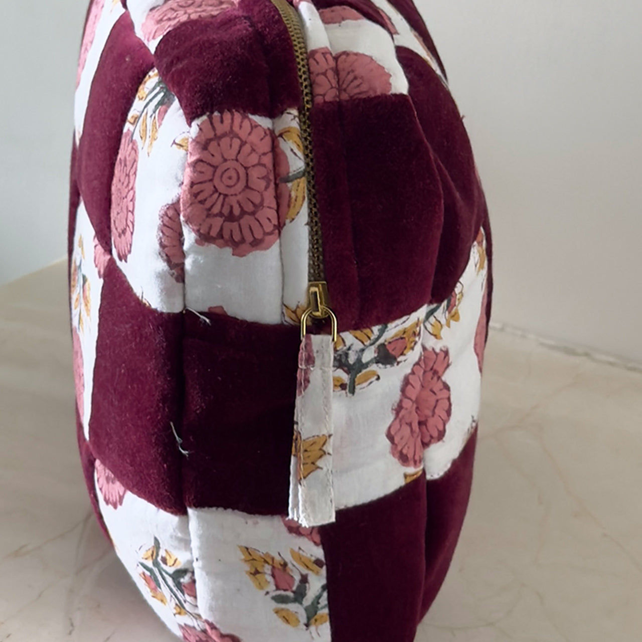 Handmade Quilted Velvet & Block Print Pouch – Travel Makeup Bag | Soft Cosmetic Organizer | 7 Color Options