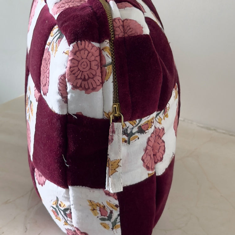 Handmade Quilted Velvet & Block Print Pouch – Travel Makeup Bag | Soft Cosmetic Organizer | 7 Color Options