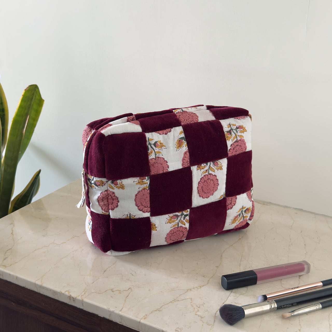 Handmade Quilted Velvet & Block Print Pouch – Travel Makeup Bag | Soft Cosmetic Organizer | 7 Color Options