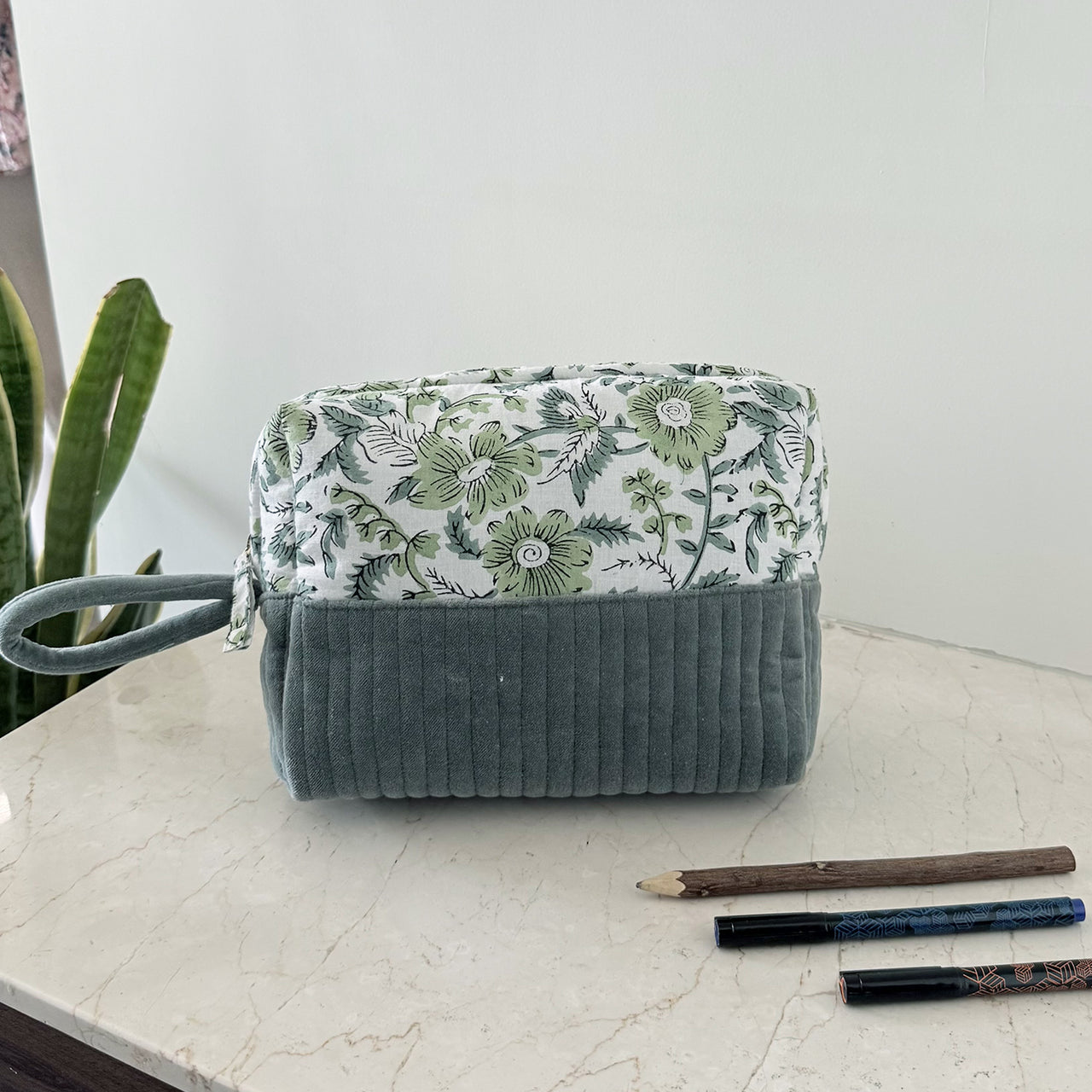 Quilted Cotton Velvet Makeup Organizer Pouch with Block Print Detail