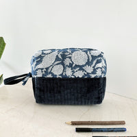 Thumbnail for Quilted Cotton Velvet Makeup Organizer Pouch with Block Print Detail