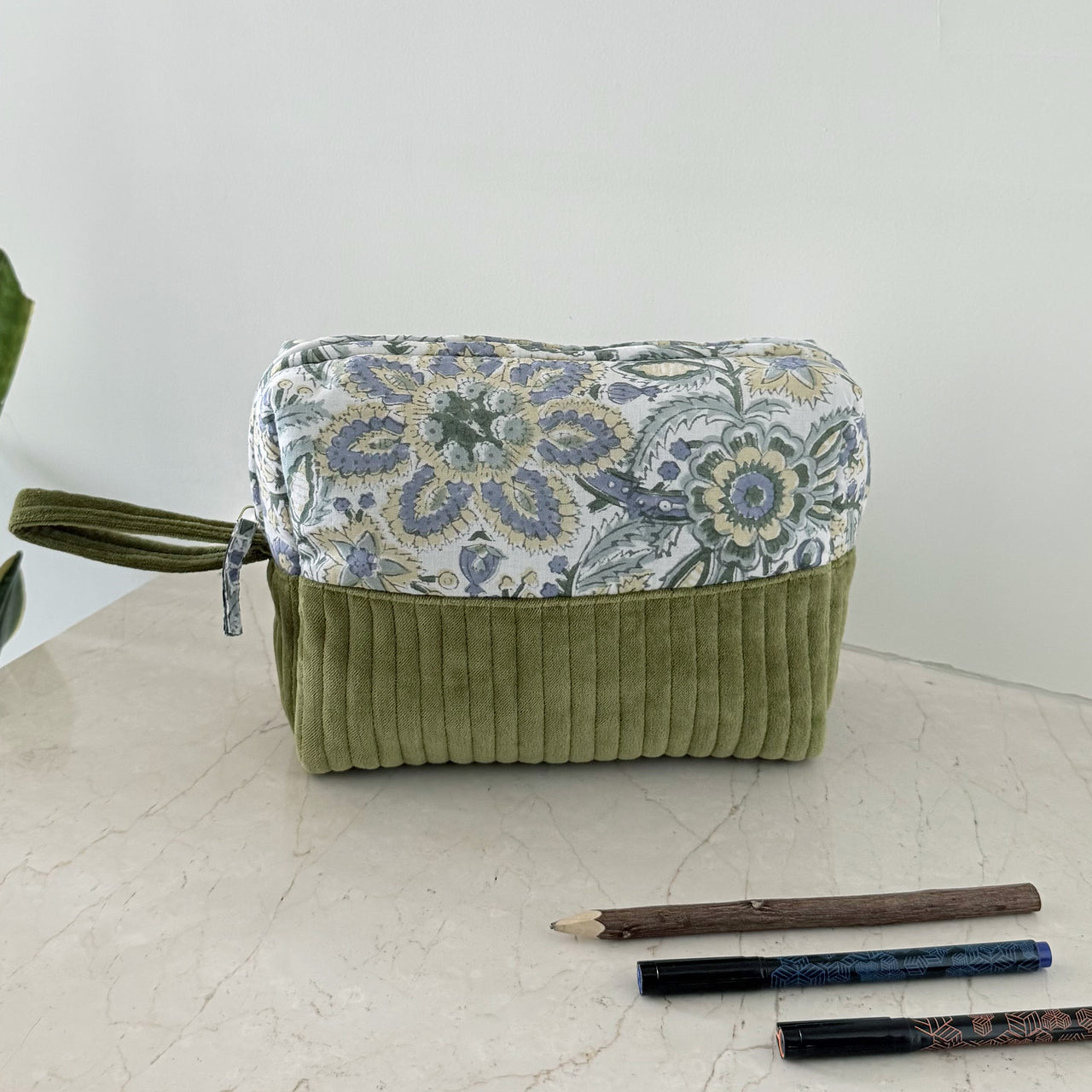 Quilted Cotton Velvet Makeup Organizer Pouch with Block Print Detail
