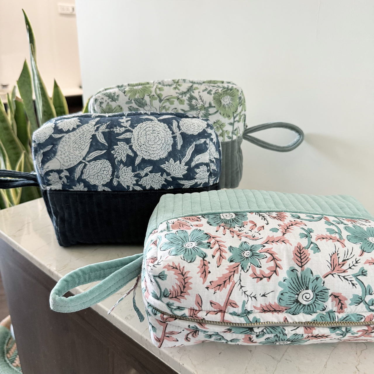 Quilted Cotton Velvet Makeup Organizer Pouch with Block Print Detail