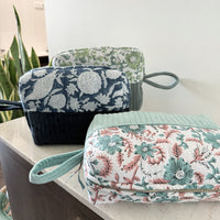 Thumbnail for Quilted Cotton Velvet Makeup Organizer Pouch with Block Print Detail