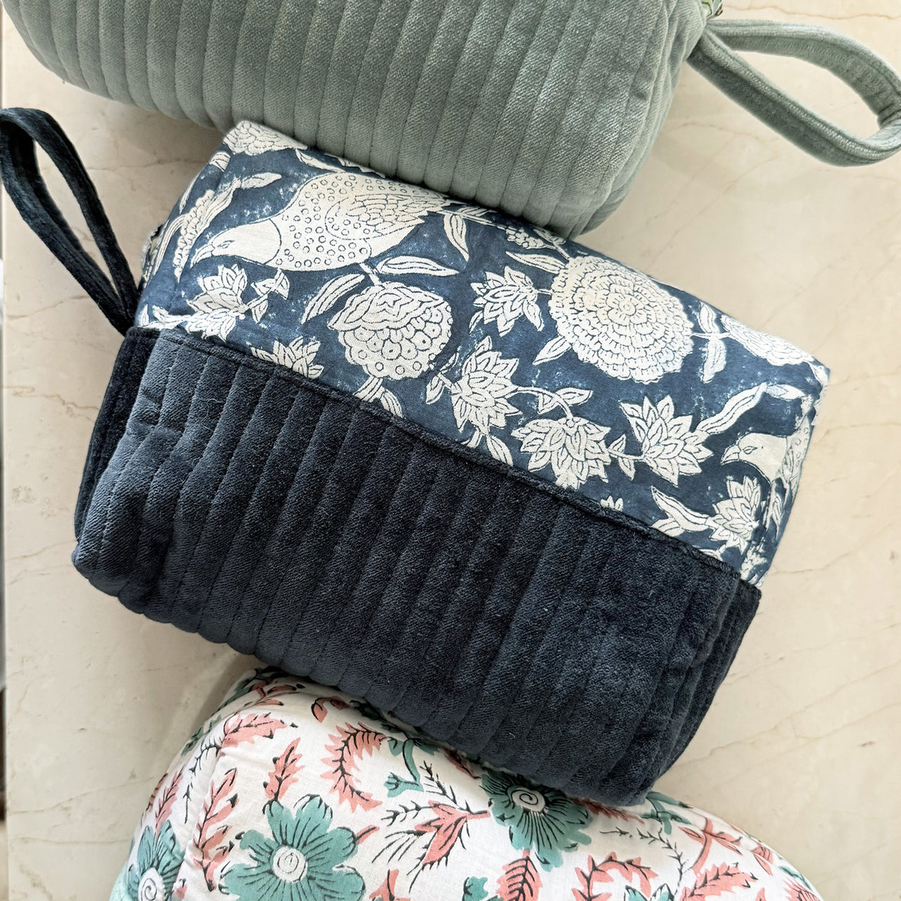 Quilted Cotton Velvet Makeup Organizer Pouch with Block Print Detail