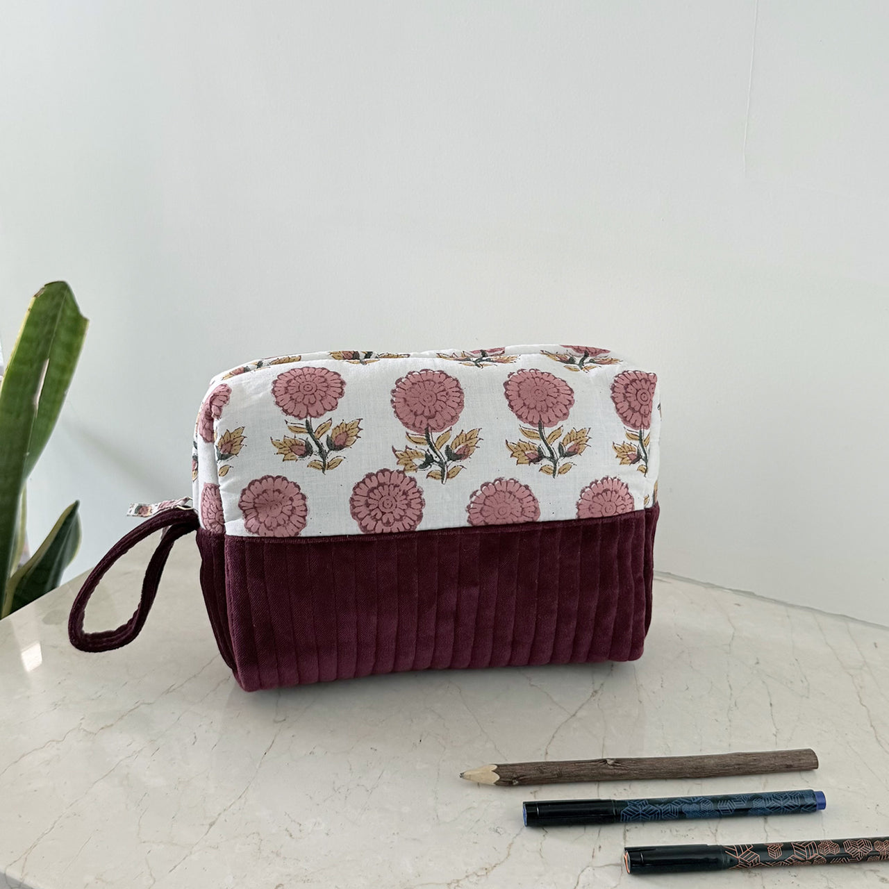 Quilted Cotton Velvet Makeup Organizer Pouch with Block Print Detail