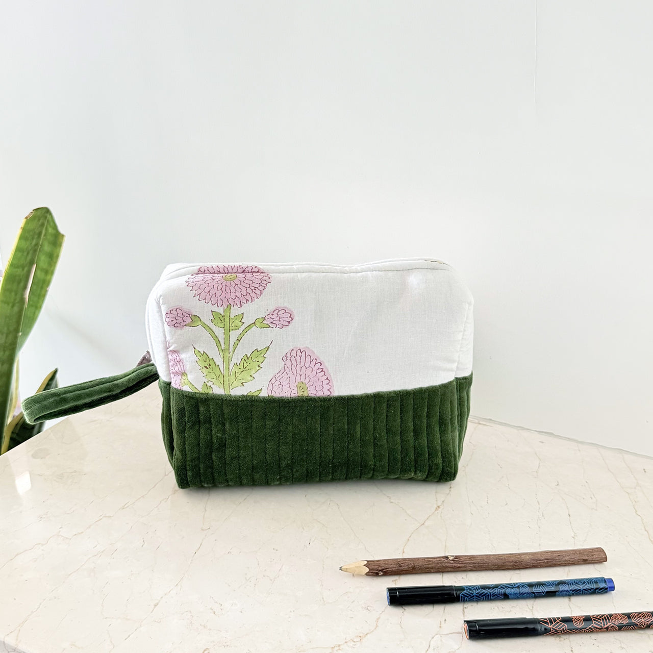 Quilted Cotton Velvet Makeup Organizer Pouch with Block Print Detail