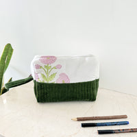 Thumbnail for Quilted Cotton Velvet Makeup Organizer Pouch with Block Print Detail