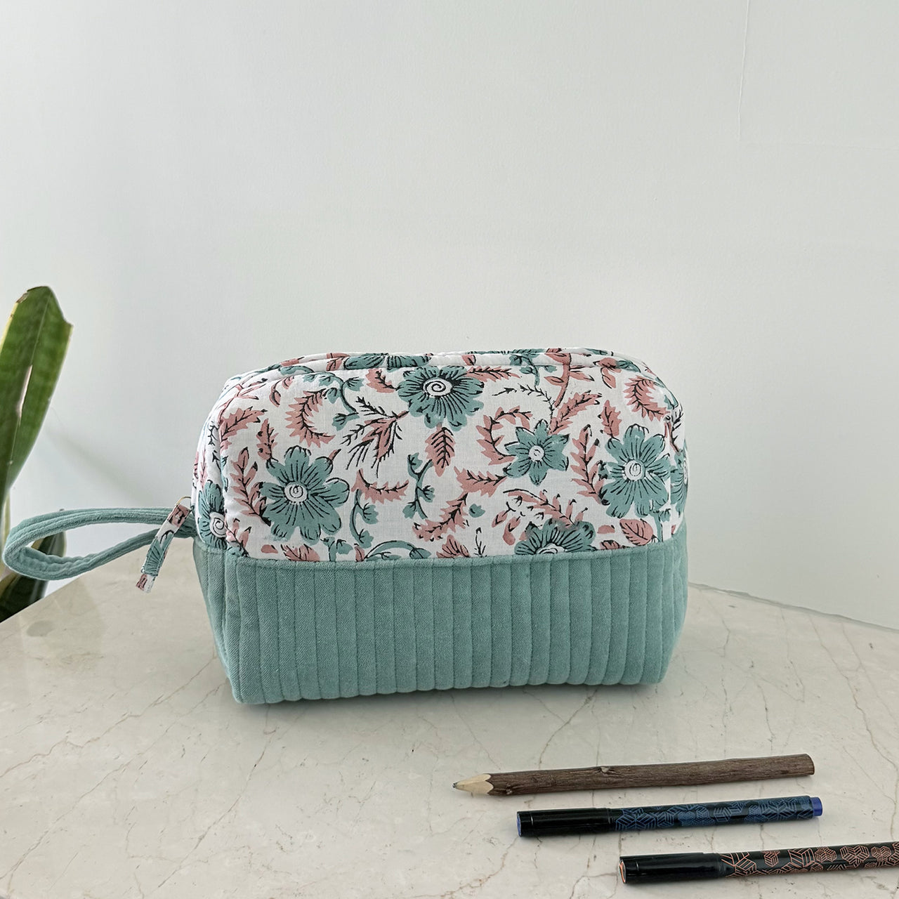 Quilted Cotton Velvet Makeup Organizer Pouch with Block Print Detail