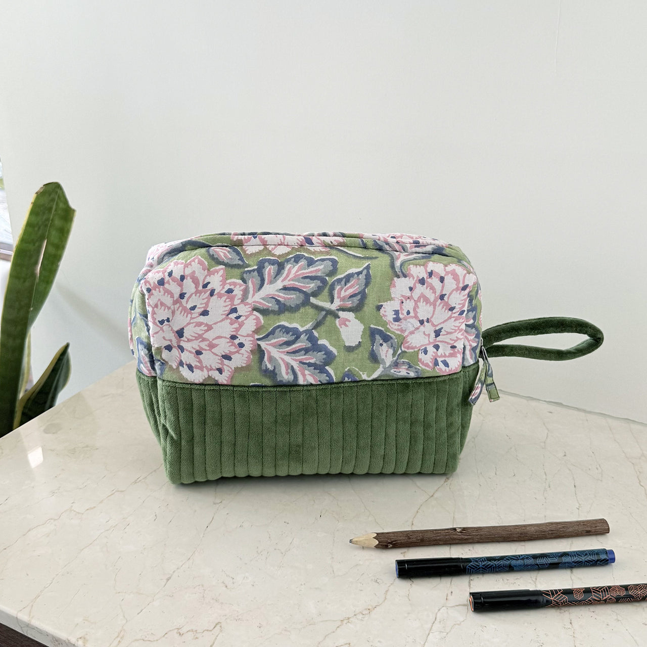 Quilted Cotton Velvet Makeup Organizer Pouch with Block Print Detail