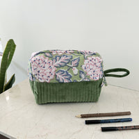 Thumbnail for Quilted Cotton Velvet Makeup Organizer Pouch with Block Print Detail