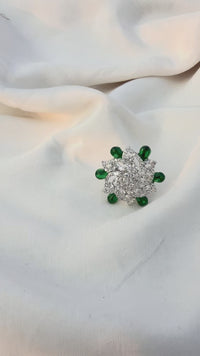 Emerald Floral CZ Statement Ring, Silver Tone Adjustable Band