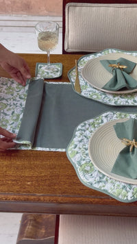 Sage Round Wave Piping Placemats – Cotton Block Print Table Mats Set | Washable Handmade Dining Decor