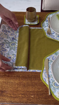 Dusty mustard Cotton Block Print Placemat Set – Round Wave Piping Table Decor for Dining