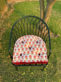 Thumbnail for Printed Cotton Chair Pad with Velvet Trim - Tufted Seat Cushion