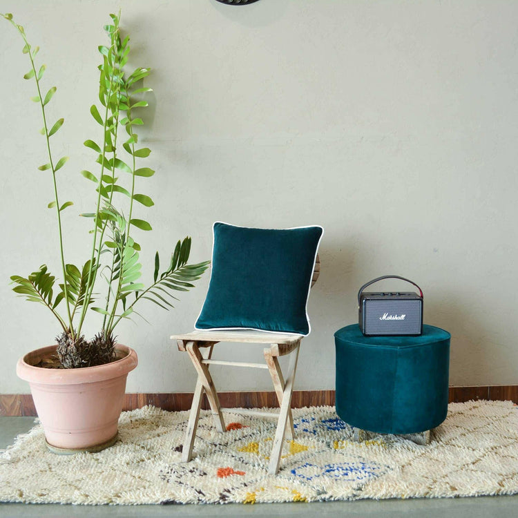 Emerald White piping Cotton Velvet Cushion Cover